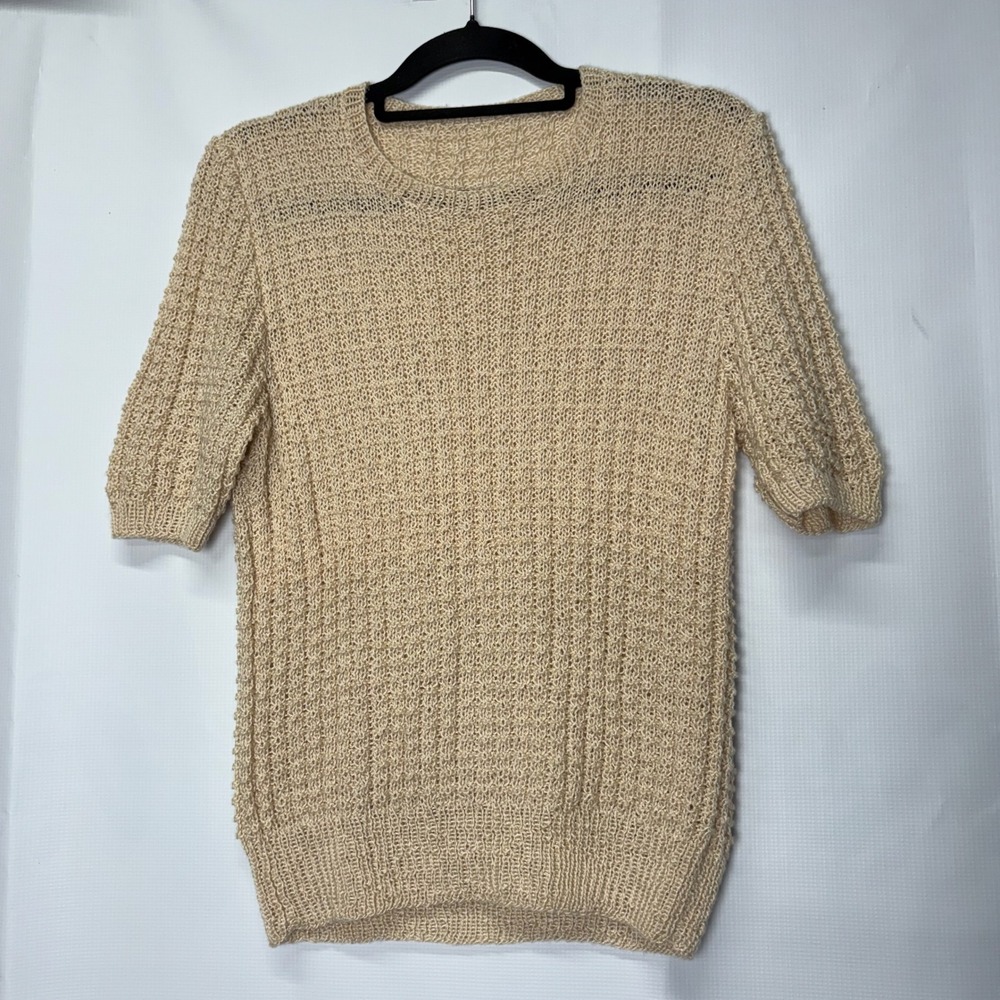 Vintage Womens Knit Top Short Sleeve Beige‎ Textured Casual Summer Pullover 90s